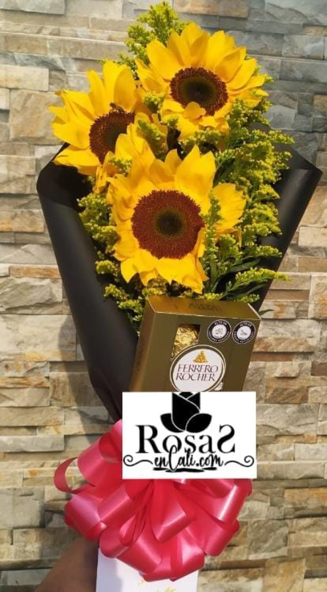 Bouquet 3 girasoles y chocolate en Cali