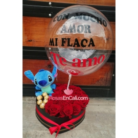 Corazón stich, chocolates y globo en cali